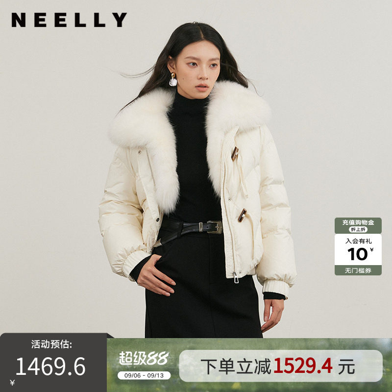 NEELLY纳俪商场同款冬新款狐狸毛领宽松羽绒服女90白鸭绒短款外套