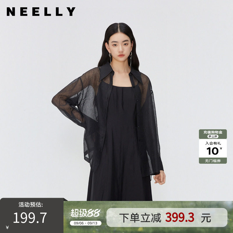NEELLY纳俪商场同款夏季新款翻领长袖衬衫女朦胧透感后背系带上衣