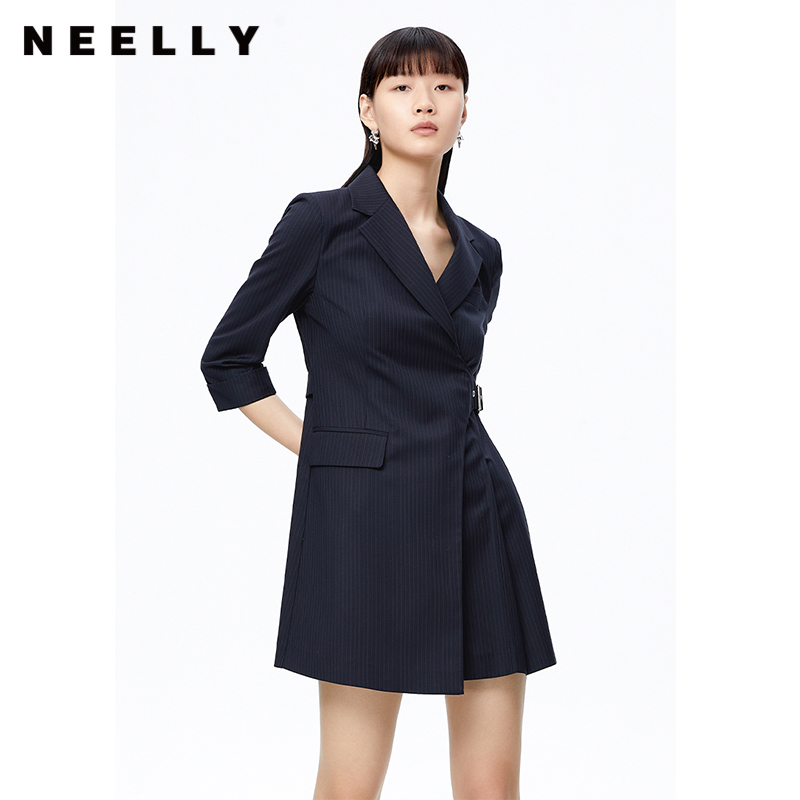 NEELLY纳俪高级感条纹西装连衣裙女设计感小众气质职业西服外套