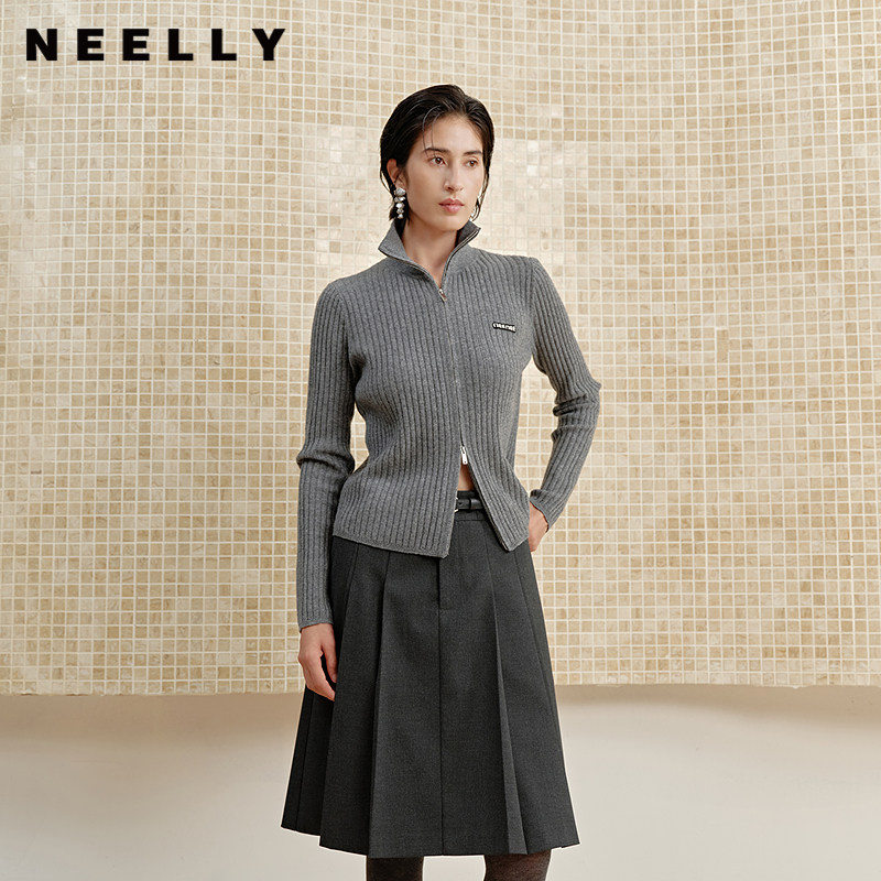NEELLY纳俪商场同款冬季新款高领修身拉链针织开衫女显瘦清新毛衣