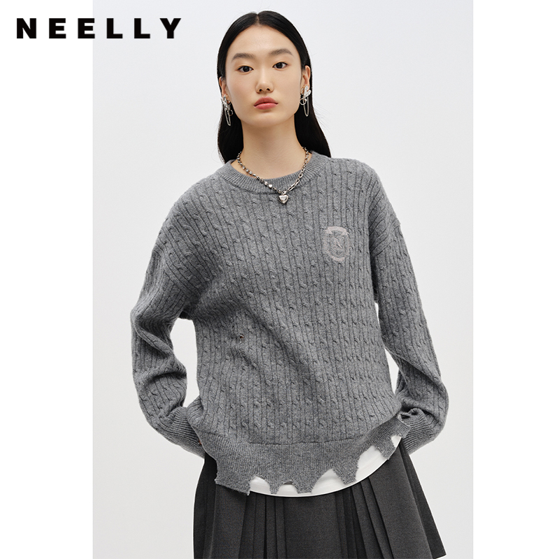NEELLY纳俪商场同款冬季新款针织衫女百搭不规则裁剪下摆套头毛衣