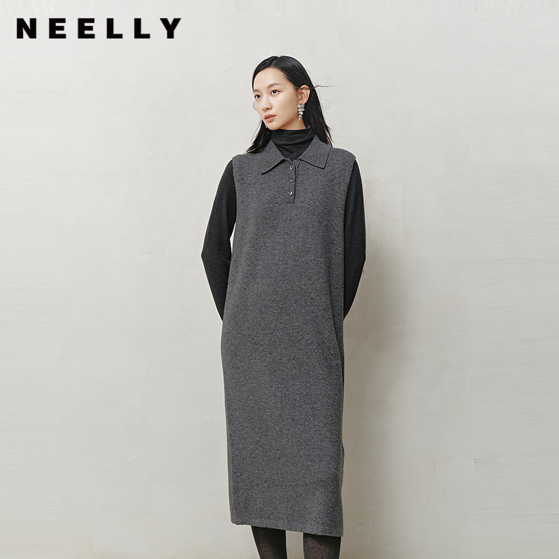 NEELLY纳俪商场同款冬季新款POLO领无袖针织裙女修身亲肤中长裙