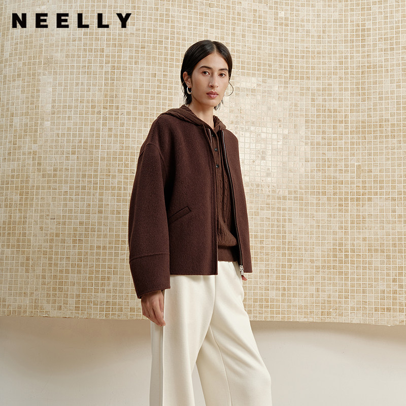 NEELLY纳俪商场同款冬季新款简约廓形羊绒外套女百搭复古休闲上衣