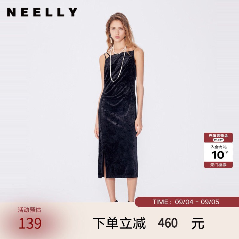 NEELLY纳俪春秋新款商场同款设计感吊带连衣裙女黑色内搭收腰长裙