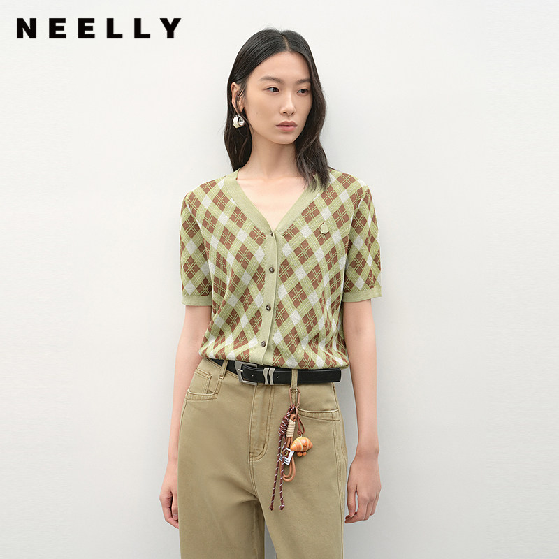 NEELLY纳俪商场同款夏新款V领格纹设计感针织开衫女撞色显白毛衣