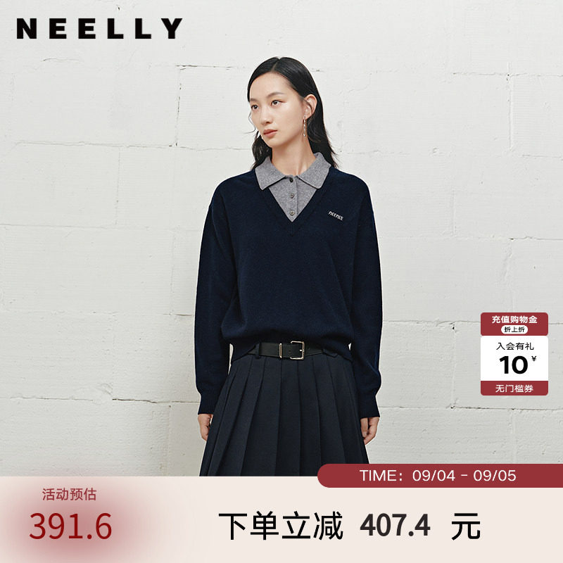 NEELLY纳俪商场同款冬季新款学院风显白宽松针织女撞色慵懒风上衣