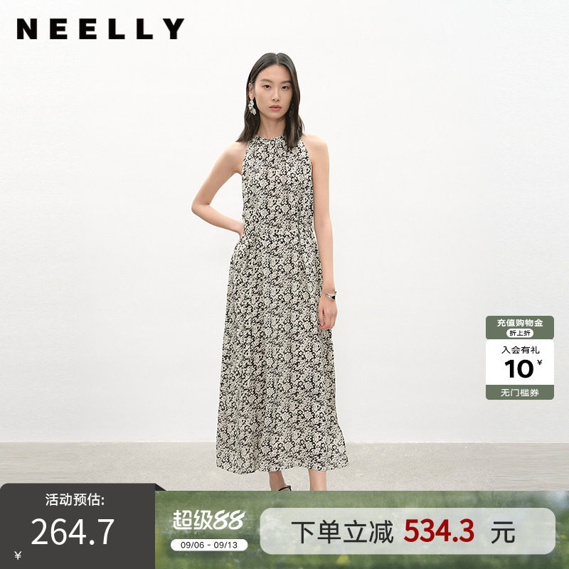 NEELLY纳俪商场同款夏季新款黑白碎花挂脖连衣裙女复古休闲中长裙