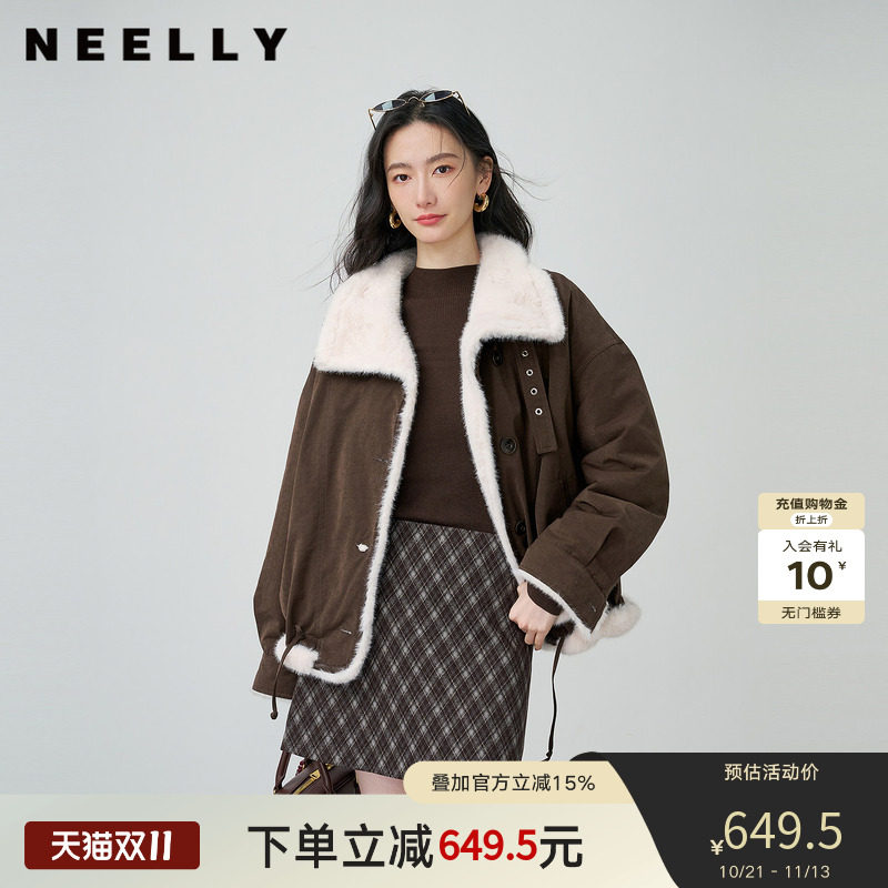 NEELLY纳俪商场同款冬新款复古质感皮毛一体外套女休闲慵懒短外套