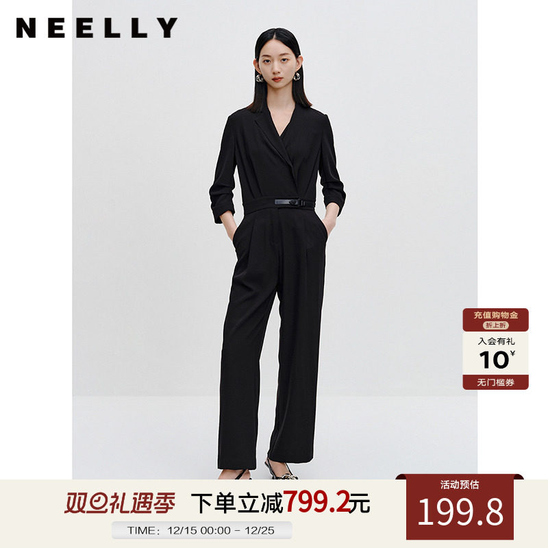 NEELLY纳俪商场同款气质黑色连体裤女雪纺收腰系带西装时尚套装
