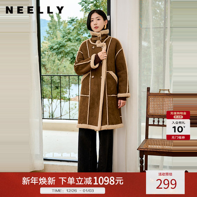 NEELLY纳俪商场同款冬季新款复古美拉德麂皮绒保暖外套女长款大衣