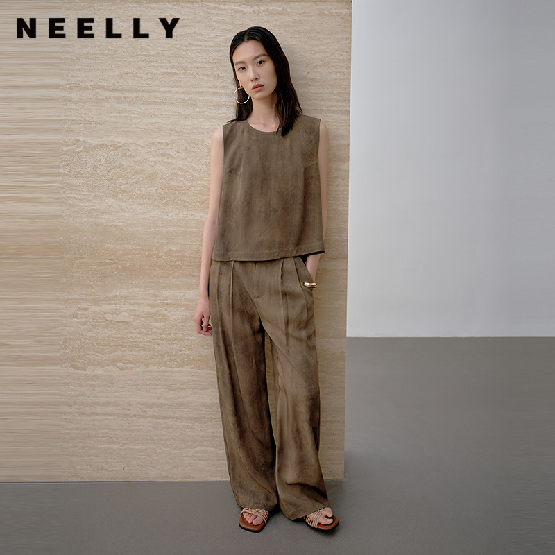 NEELLY纳俪商场同款夏季新款休闲通勤套装女新中式直筒马甲两件套