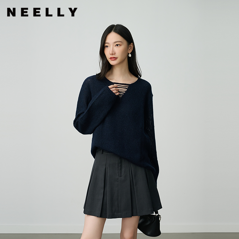 NEELLY纳俪商场同款冬季新款时尚百搭镂空针织衫女宽松休闲上衣