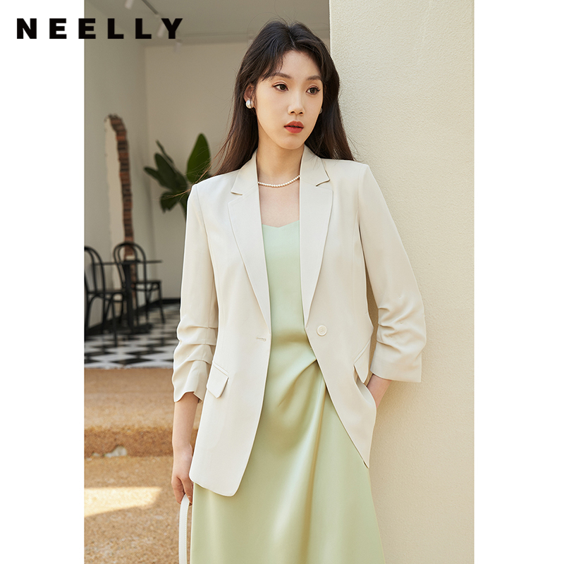 NEELLY纳俪商场同款一粒扣西装外套女夏季新款七分袖上衣时尚百搭