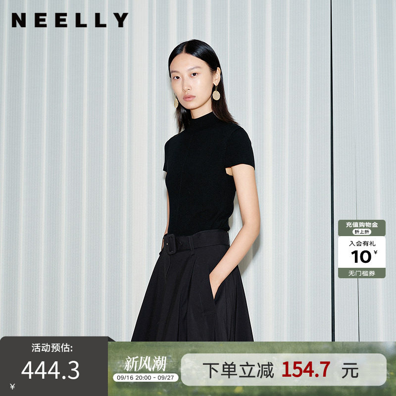 NEELLY纳俪商场同款夏季新款气质半高领短款针织衫女黑色修身上衣