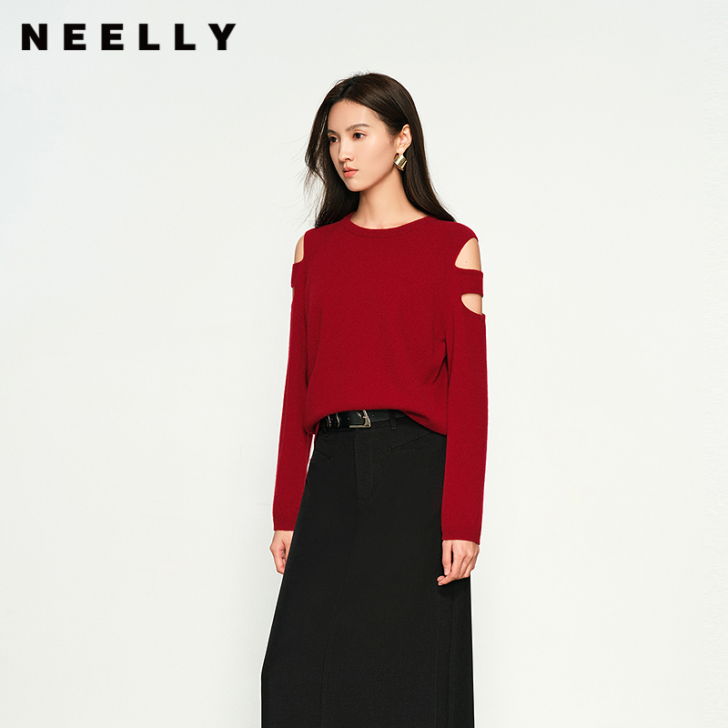 NEELLY纳俪商场同款秋冬新款柔软舒适设计感上衣女纯色通勤毛衣
