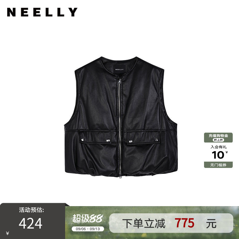 NEELLY纳俪商场同款冬季新款PU羽绒服马甲女黑色圆领宽松保暖外套