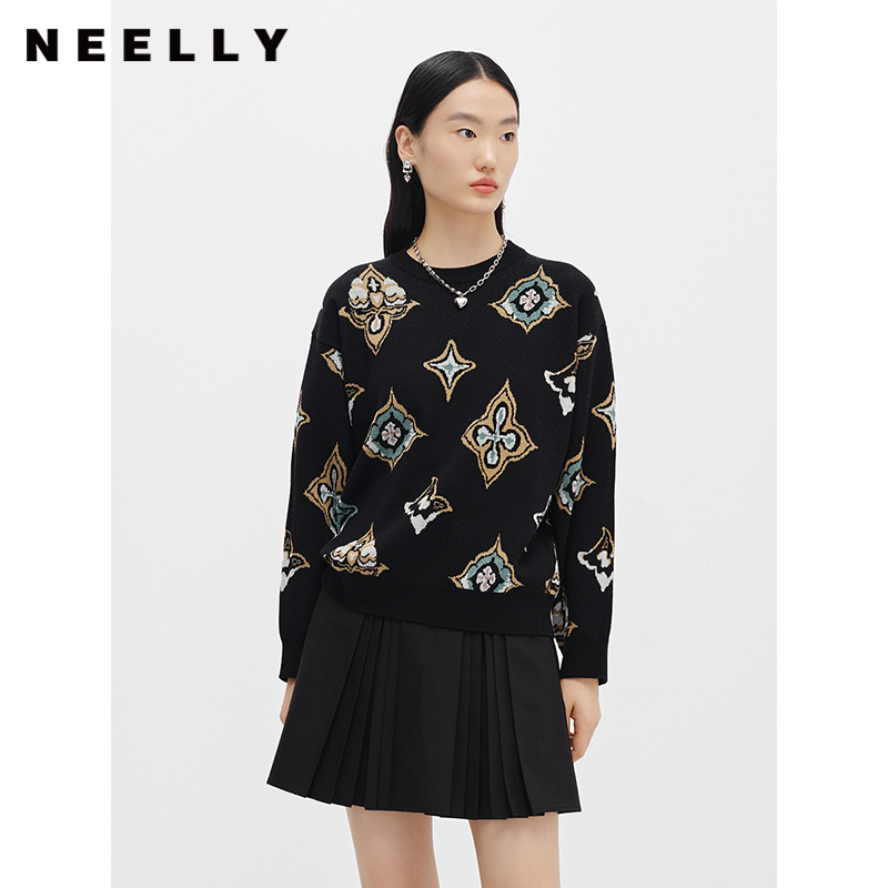 NEELLY纳俪商场同款撞色图案刺绣毛衣女新款冬季套头针织衫宽松