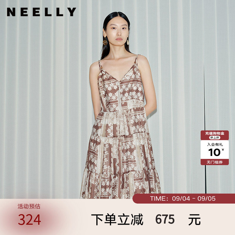 NEELLY纳俪商场同款春新款气质印花吊带连衣裙女中长款收腰A字裙