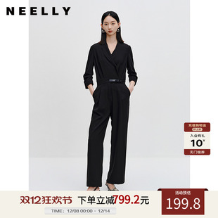套装 NEELLY纳俪商场同款 时尚 女雪纺收腰系带西装 气质黑色连体裤
