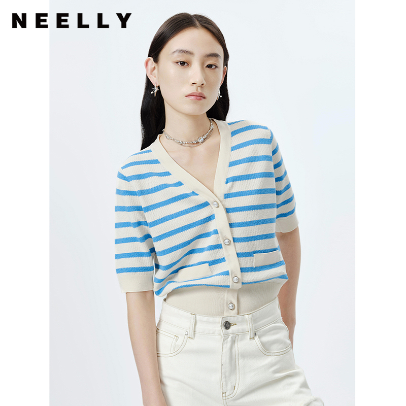 NEELLY纳俪商场同款气质V领短袖条纹针织衫女单排扣套头毛衣开衫