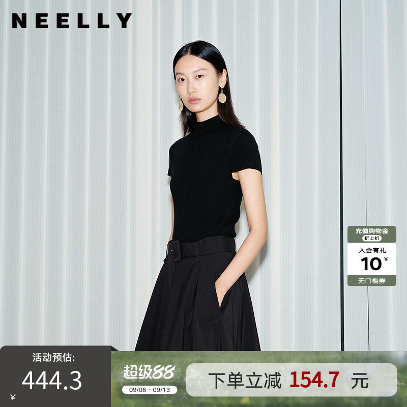 NEELLY纳俪商场同款夏季新款气质半高领短款针织衫女黑色修身上衣