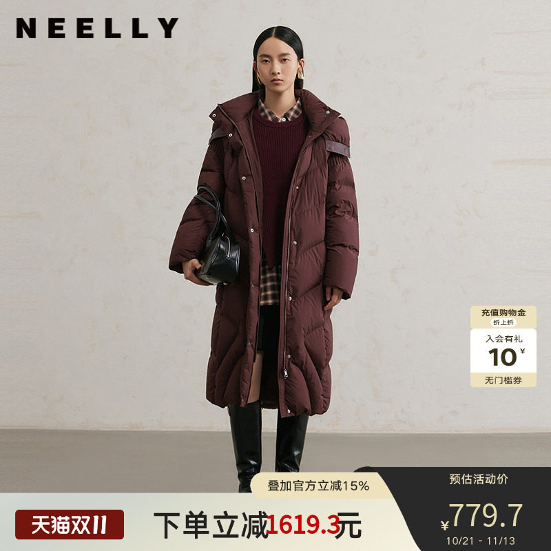 NEELLY纳俪商场同款冬季新款翻领直筒连帽羽绒服女简约通勤外套