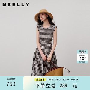 NEELLY纳俪商场同款夏新款复古黑白格连衣裙女无袖修身木耳边长裙