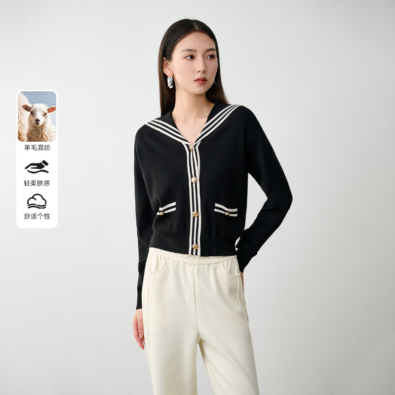 NEELLY纳俪商场同款冬季新款学院风翻领长袖针织衫女显瘦毛衣开衫