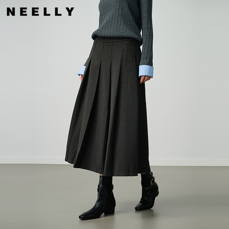 NEELLY纳俪商场同款冬季新款休闲通勤百褶半身裙女优雅百搭中长裙