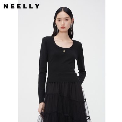 NEELLY纳俪商场同款秋冬新款圆领修身纯色打底针织衫女显瘦羊毛衫