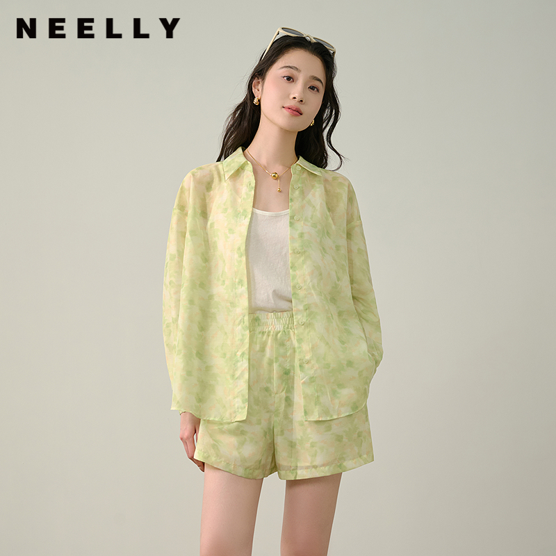 NEELLY纳俪商场同款夏新款清新随性时尚套装女休闲衬衫短裤两件套