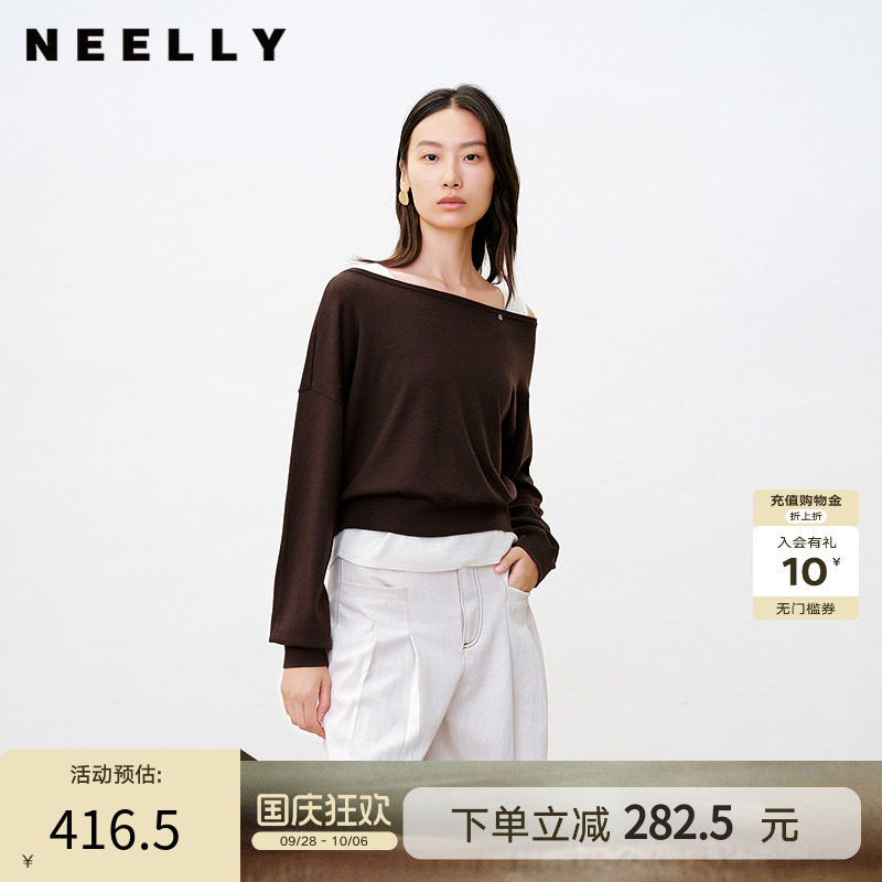 NEELLY纳俪商场同款秋季新款法式休闲一字领针织衫女休闲舒适上衣