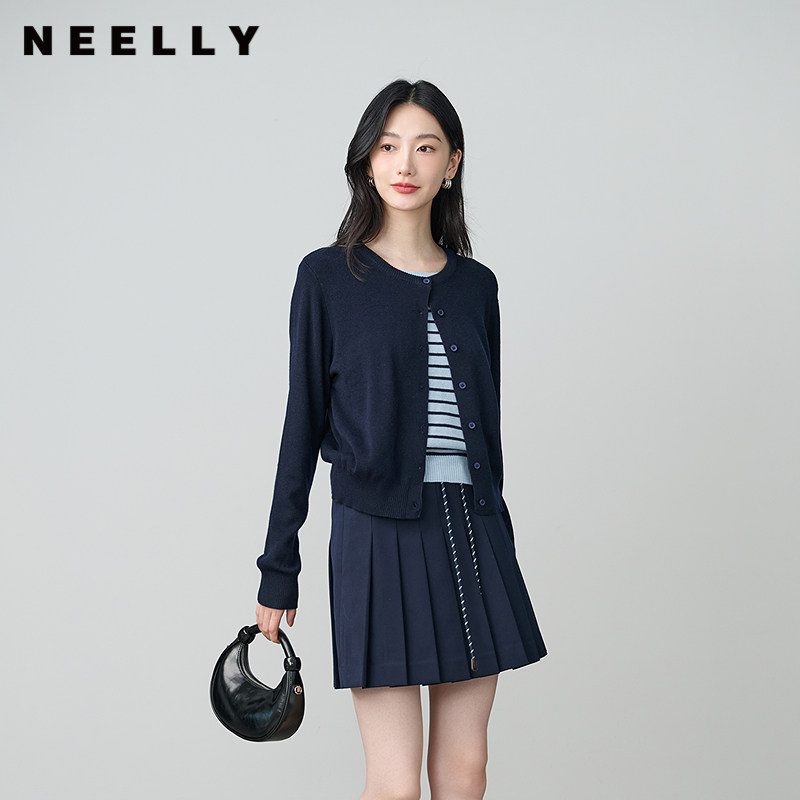 NEELLY纳俪商场同款秋季新款设计感假两件针织开衫女显瘦百搭上衣