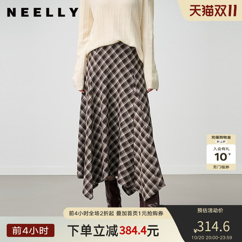 NEELLY纳俪商场同款冬新款不规则复古格纹高腰半身裙女百搭中长裙