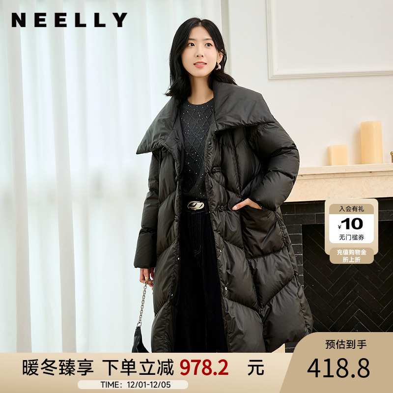 NEELLY纳俪商场同款冬季新款大翻领90%鸭绒中长款保暖羽绒服女