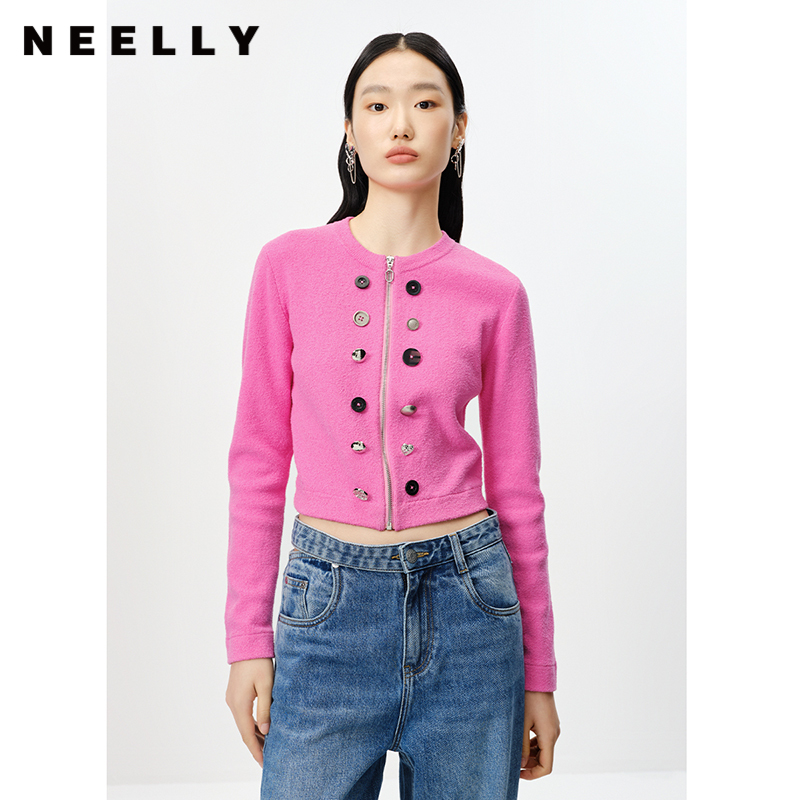 NEELLY纳俪商场同款个性纽扣针织衫女圆领短款拉链开衫毛衣时尚