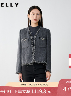 NEELLY纳俪商场同款冬新款小香风绵羊毛通勤短款灰色双面呢大衣女