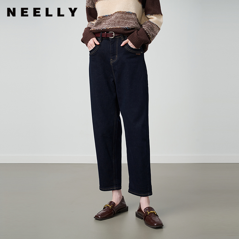 NEELLY纳俪商场同款秋冬新款复古直筒九分牛仔裤女高腰显瘦长裤