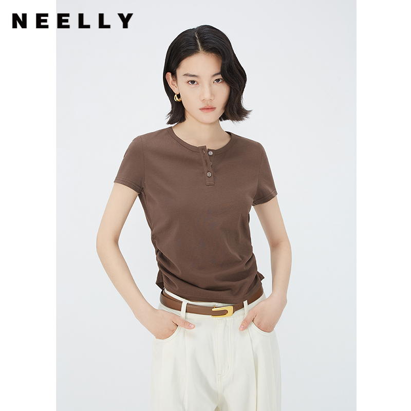 NEELLY纳俪商场同款夏新款设计感短袖正肩T恤女极简修身显瘦上衣