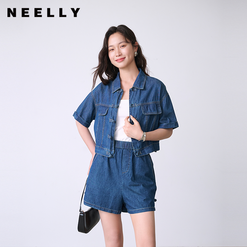 NEELLY纳俪商场同款夏新款复古显瘦牛仔时尚套装女宽松显瘦两件套