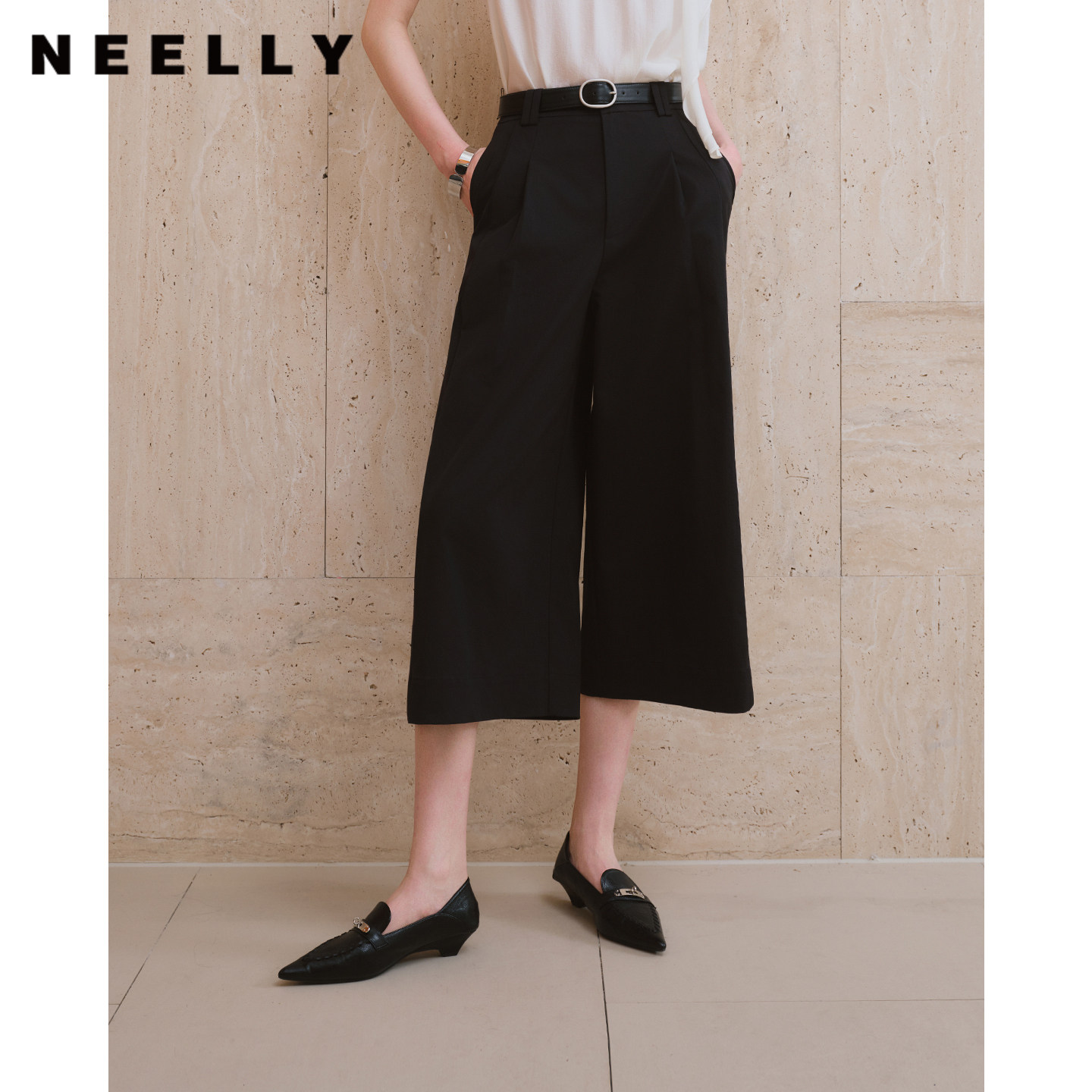 NEELLY纳俪商场同款秋季新款高腰打褶阔腿裤女休闲松弛感七分裤