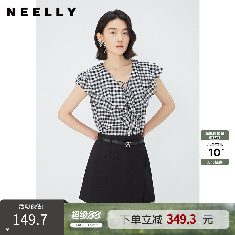 NEELLY纳俪商场同款夏新款V领荷叶边无袖衬衫女通勤经典时尚上衣