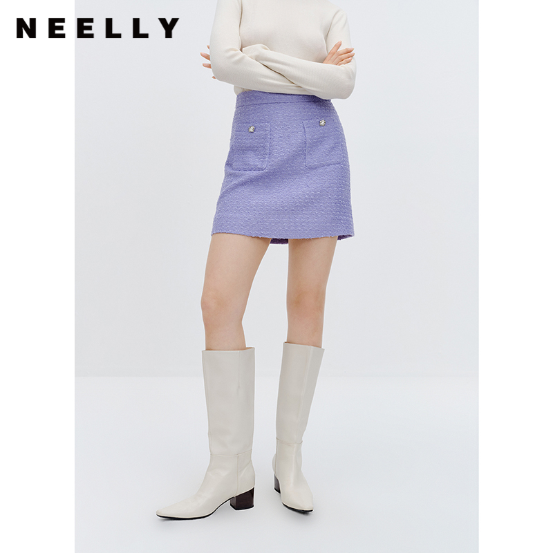 NEELLY纳俪小香风优雅半身裙秋冬新款时尚精致双口袋A字裙短裙