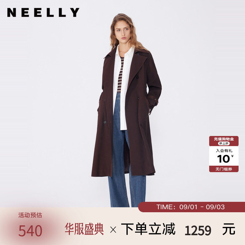 NEELLY纳俪春秋新款商场同款美拉德宽松双排扣风衣女复古长外套