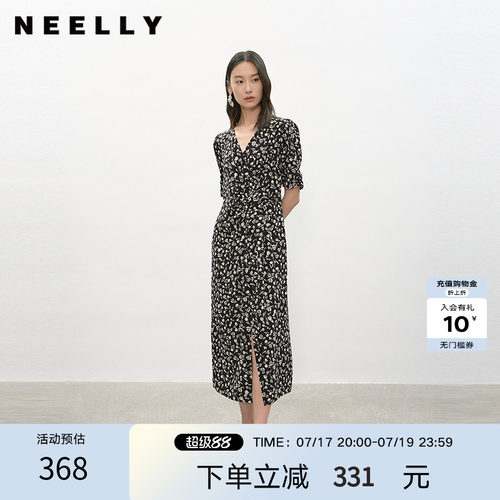 NEELLY纳俪商场同款夏季新款复古黑白碎花连衣裙女休闲舒适中长裙