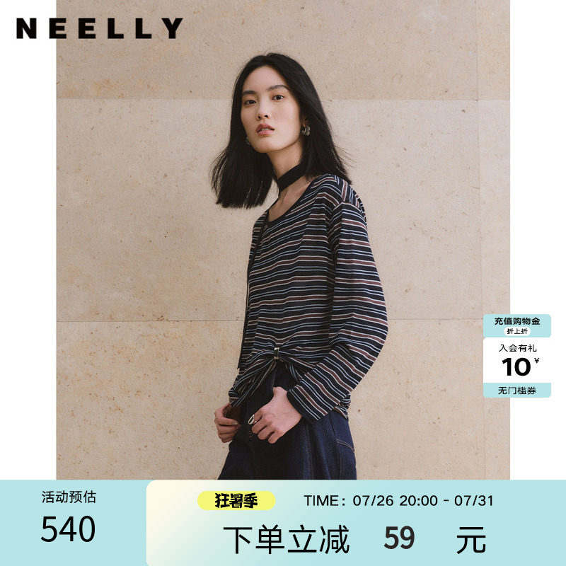 NEELLY纳俪商场同款秋季新款宽松扭结长袖T恤女显白随性挂脖上衣