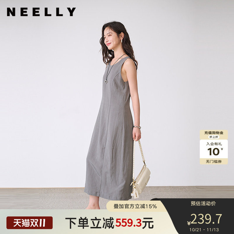 NEELLY纳俪商场同款夏季新款简约圆领无袖连衣裙女休闲出游长裙