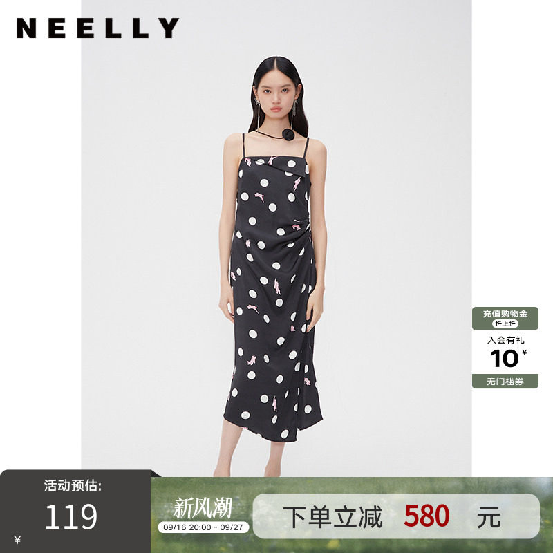 NEELLY纳俪商场同款春秋波点捏褶吊带连衣裙女设计感开叉中长裙