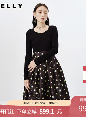 NEELLY纳俪春秋新款针织拼接连衣裙女韩版碎花A字中长款打底裙