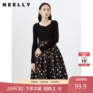NEELLY纳俪春秋新款针织拼接连衣裙女韩版碎花A字中长款打底裙